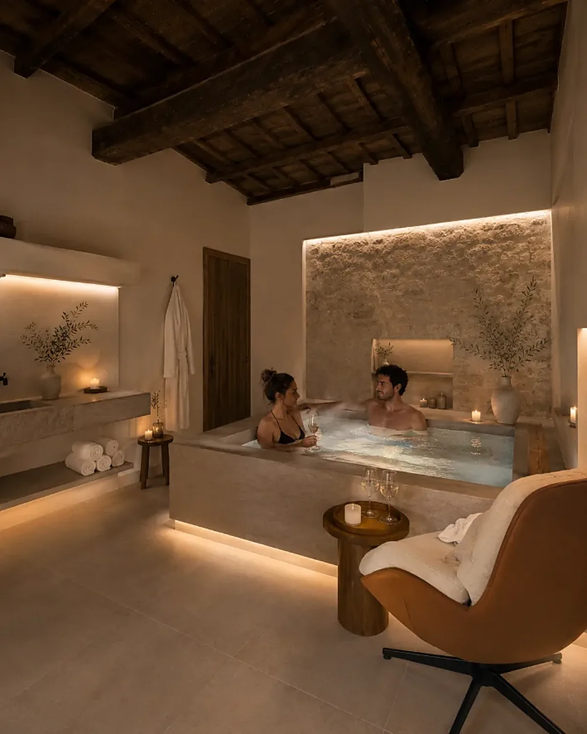 Immagine illustrativa della SPA in arrivo: vasca idromassaggio a lume di candela con parete in pietra